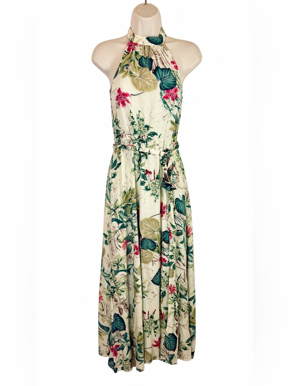 SHEIN XS 2 Tropical Floral Halter Maxi Dress Cream Green Pink Viscose Belted